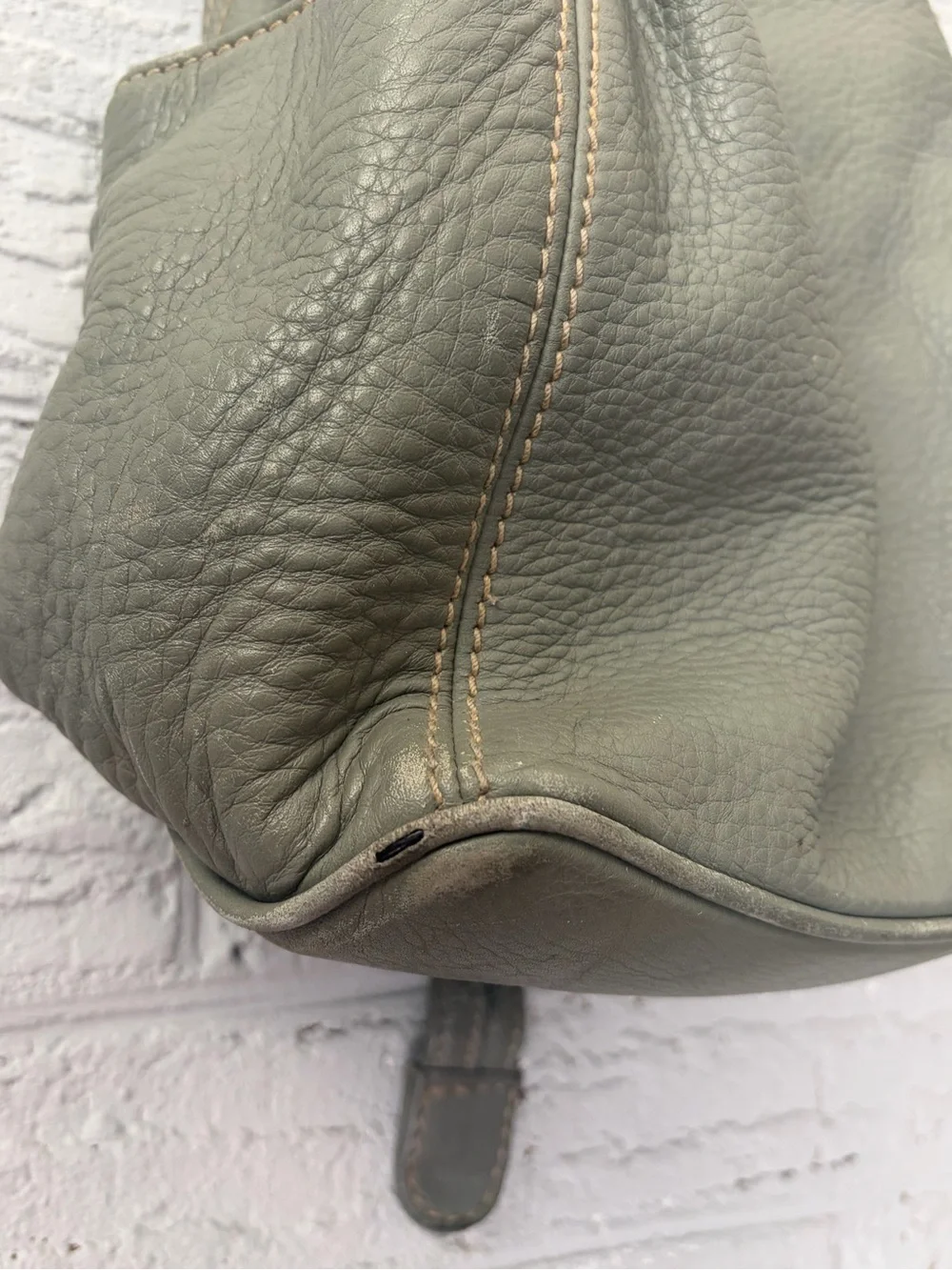 Gray/Green  Leather Backpack Tote - Minimal Drawstring Style